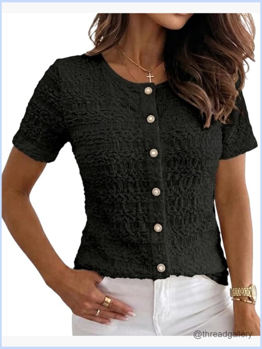 Textured Short Sleeve Blouse Round Neck Button Front Casual Top Spring